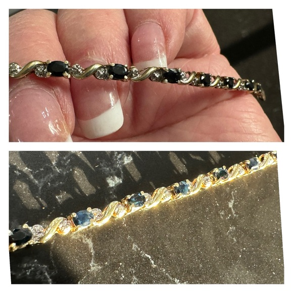 10k Yellow Gold Blue Sapphires and Diamonds Bracelet size 7 - Picture 4 of 6